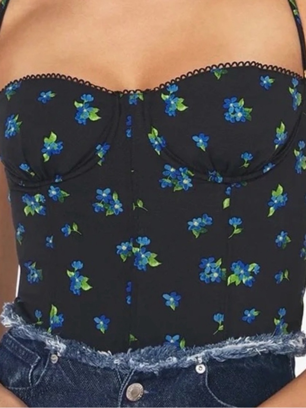 WeWoreWhat Floral Bustier Tank Top - Black with Blue Green Flowers